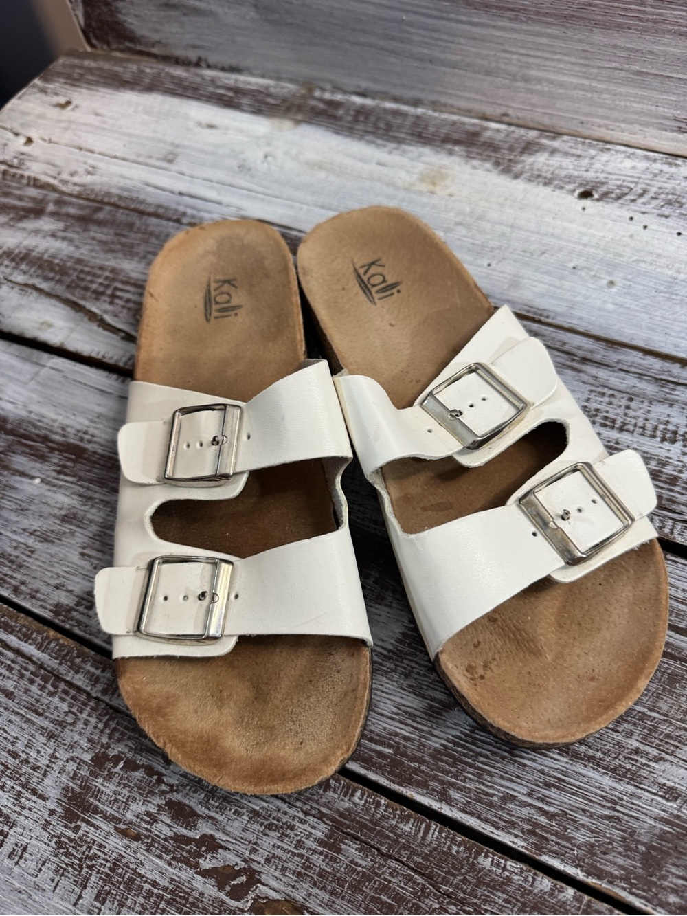 Kali White Double-Buckle Slide Sandals